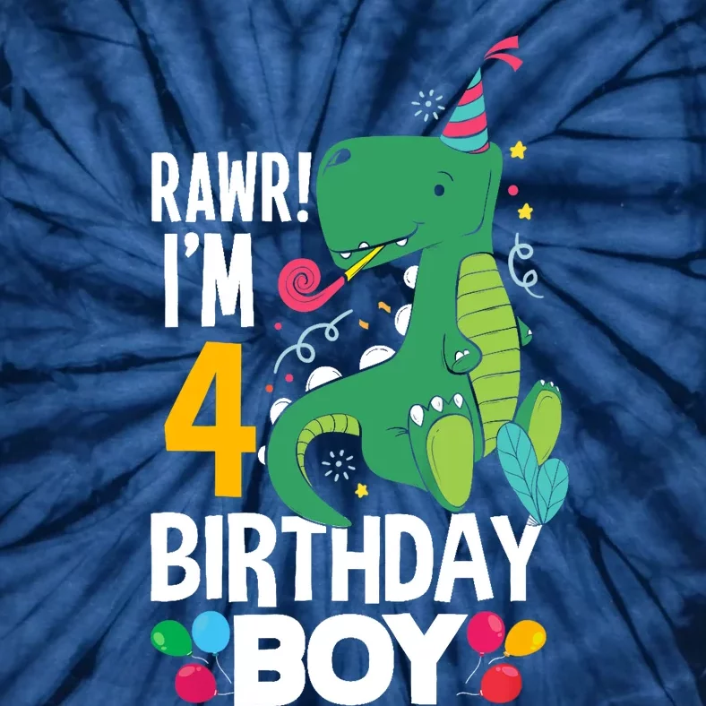 4th Birthday Boy 4 Year Old Birthday Boy T Rex Dinosaur Tie-Dye T-Shirt