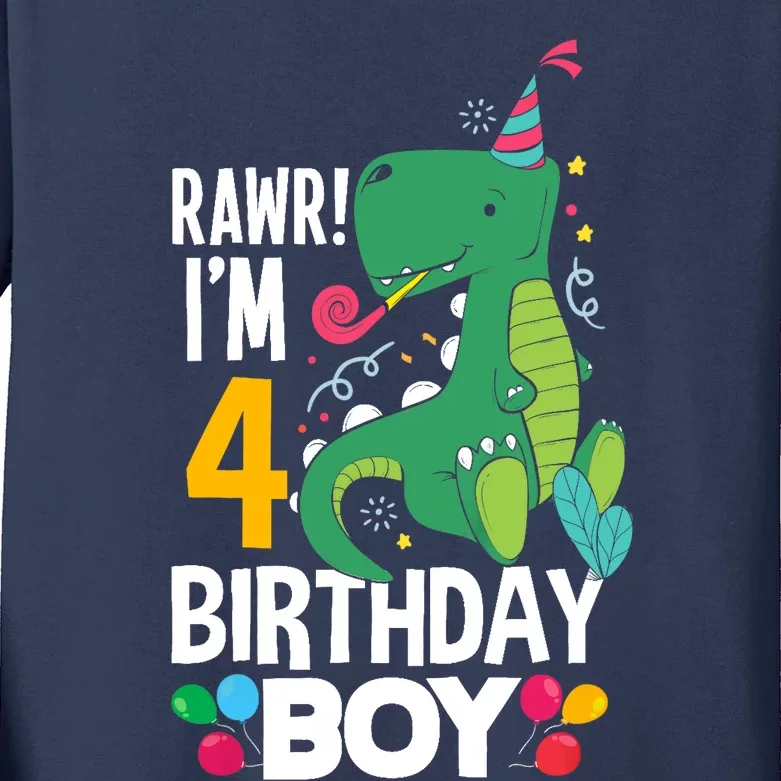 4th Birthday Boy 4 Year Old Birthday Boy T Rex Dinosaur Kids Long Sleeve Shirt