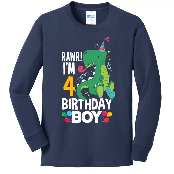 4th Birthday Boy 4 Year Old Birthday Boy T Rex Dinosaur Kids Long Sleeve Shirt