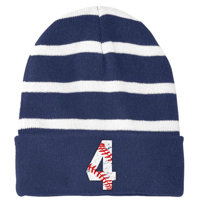 4th Birthday Baseball Big Number Four 4 Year Old Funny Gift Striped Beanie with Solid Band