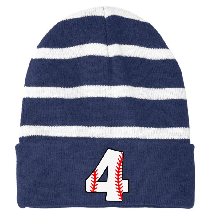 4th Birthday Baseball Big Number Four 4 Year Old Funny Striped Beanie with Solid Band