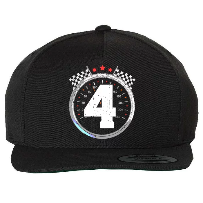 4th Birthday Boy 4 Fourth Race Car Birthday Racing Car Flag Wool Snapback Cap