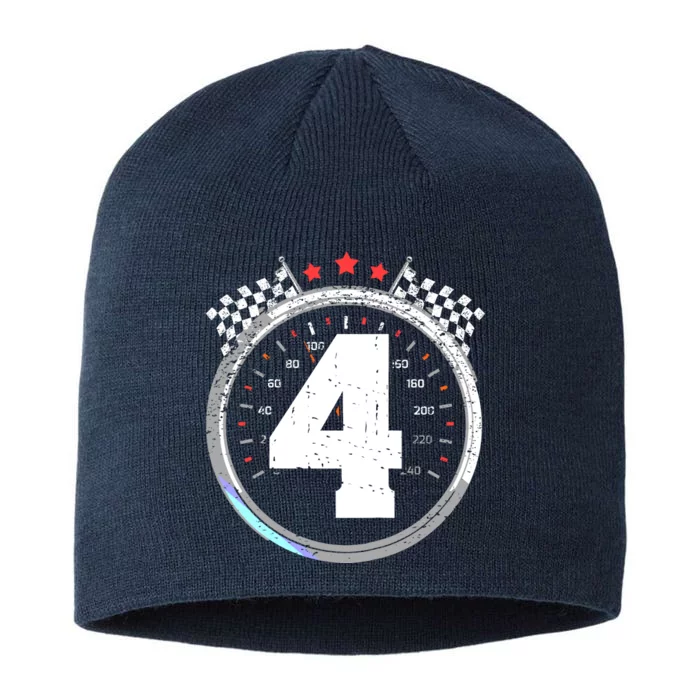 4th Birthday Boy 4 Fourth Race Car Birthday Racing Car Flag 8 1/2in Sustainable Knit Beanie