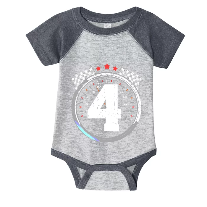 4th Birthday Boy 4 Fourth Race Car Birthday Racing Car Flag Infant Baby Jersey Bodysuit