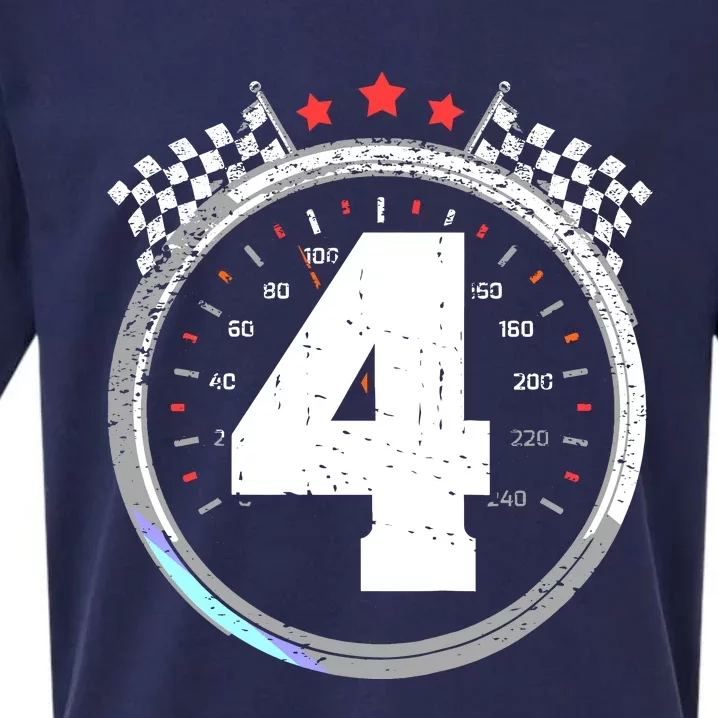 4th Birthday Boy 4 Fourth Race Car Birthday Racing Car Flag Sueded Cloud Jersey T-Shirt