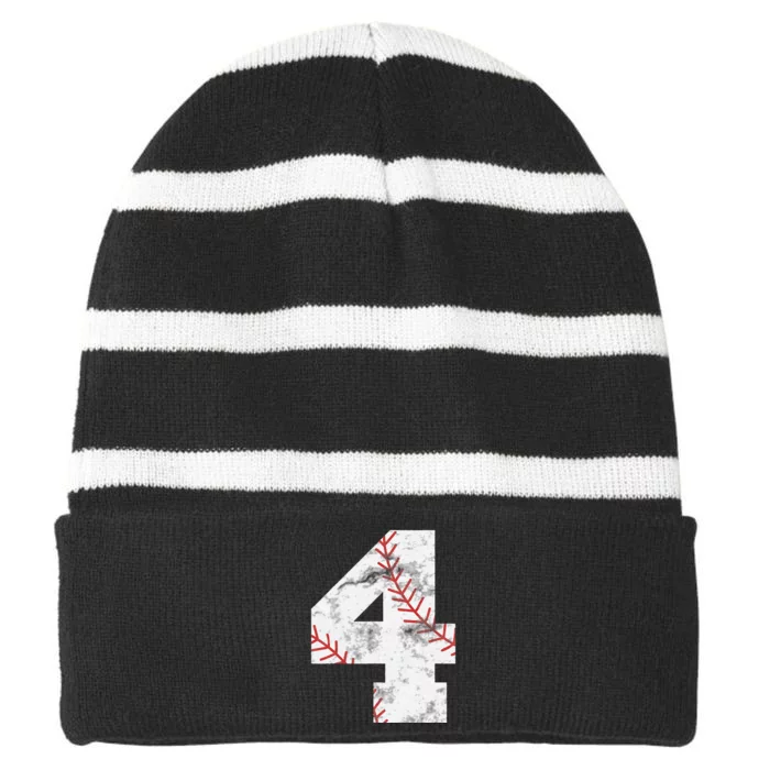 4th Birthday Baseball Big Number Four 4 Year Old Striped Beanie with Solid Band