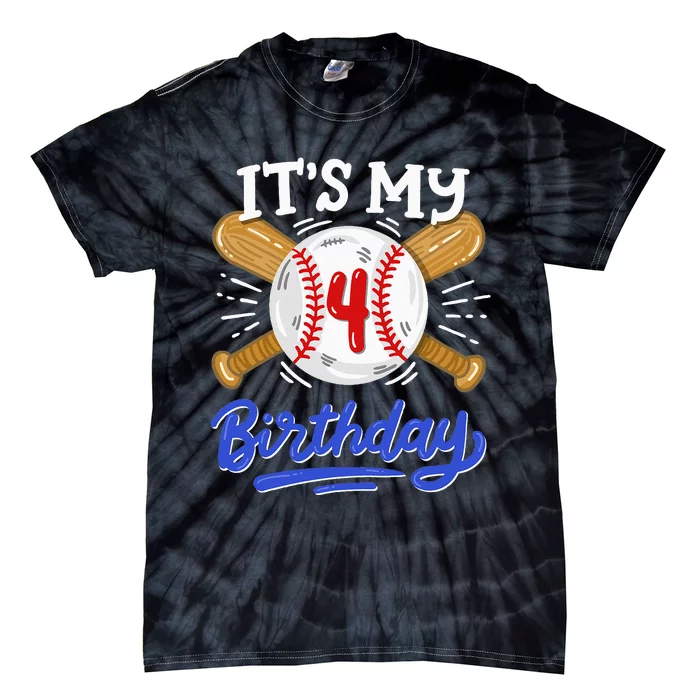 4th Baseball Birthday Party Sport Fan 4 Years Old Tie-Dye T-Shirt