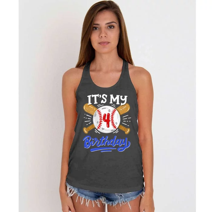 4th Baseball Birthday Party Sport Fan 4 Years Old Women's Knotted Racerback Tank