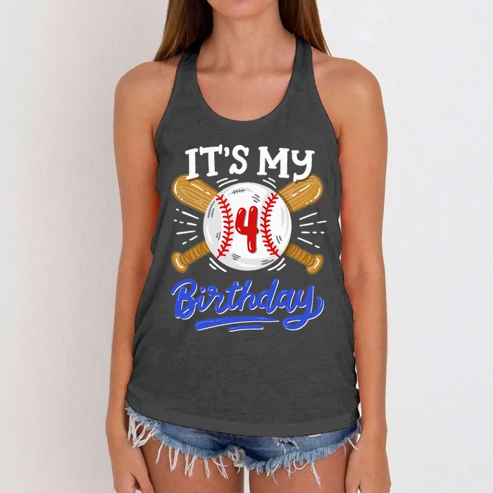 4th Baseball Birthday Party Sport Fan 4 Years Old Women's Knotted Racerback Tank