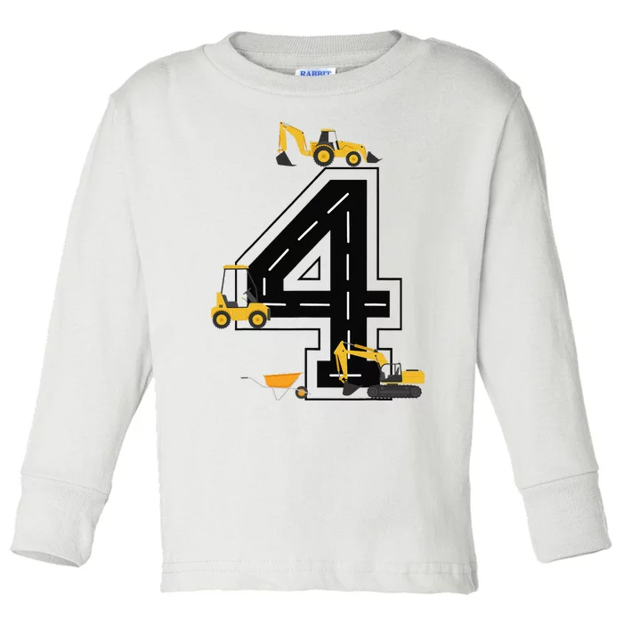 4th Birthday Crane Excavator Truck 4 Year Old Diggers Toddler Long Sleeve Shirt