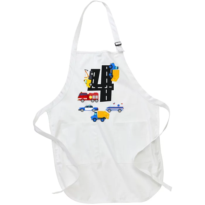 4th Birthday Fire Truck Police Car 4 Year Old Full-Length Apron With Pocket