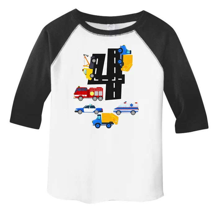 4th Birthday Fire Truck Police Car 4 Year Old Toddler Fine Jersey T-Shirt