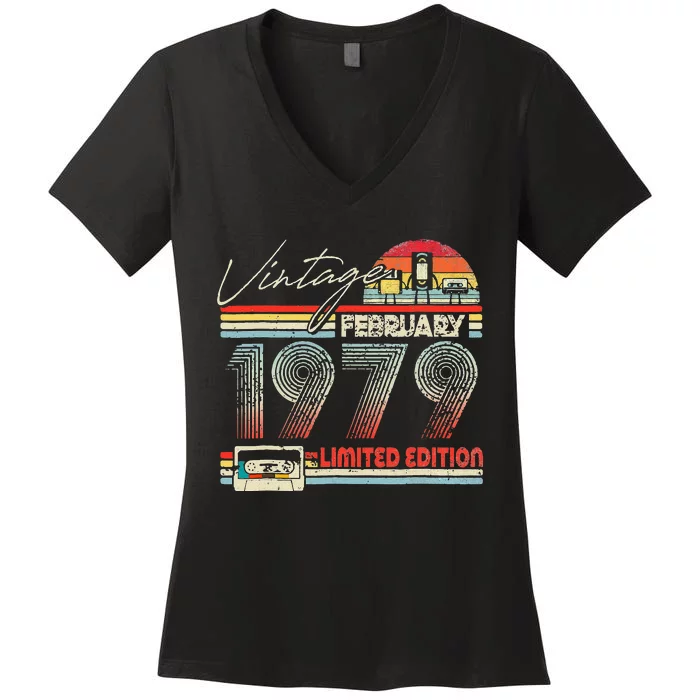 44th Birthday February 1979 Vintage Cassette Limited Edition Women's V-Neck T-Shirt