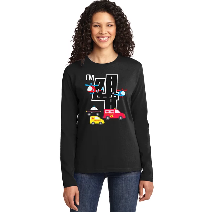 4th Birthday Fire Truck Police Car Ambulance 4 Year Ladies Long Sleeve Shirt