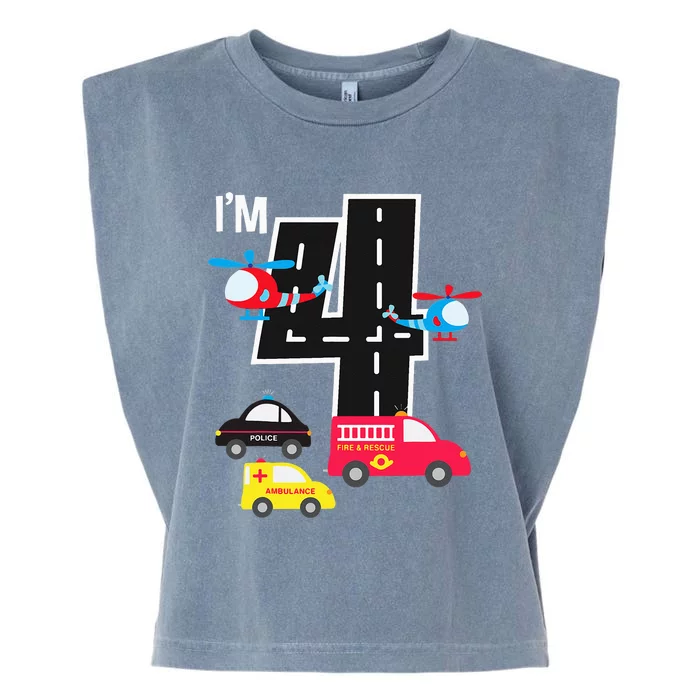 4th Birthday Fire Truck Police Car Ambulance 4 Year Garment-Dyed Women's Muscle Tee