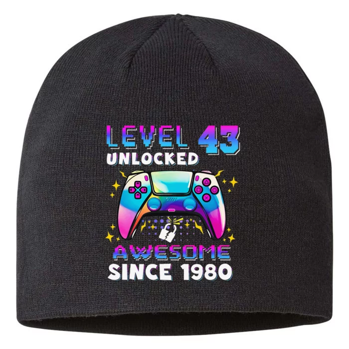 43rd Birthday Gifts Level 43 Unlocked 43 Years Old Gamer 8 1/2in Sustainable Knit Beanie