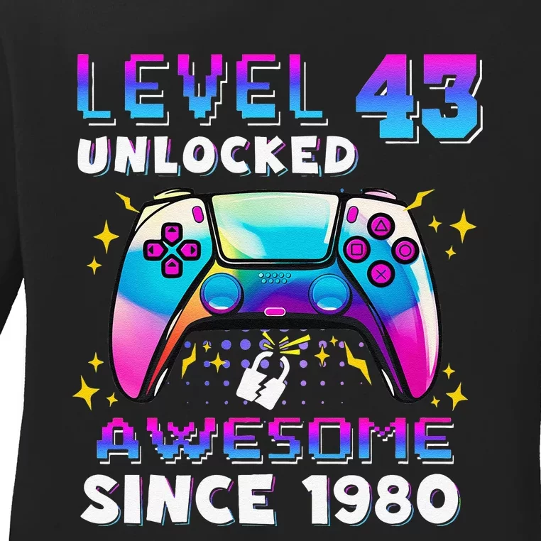 43rd Birthday Gifts Level 43 Unlocked 43 Years Old Gamer Ladies Long Sleeve Shirt