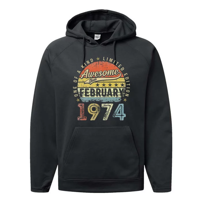 49th Birthday Gift Awesome Since February 1974 49 Year Old Love Performance Fleece Hoodie