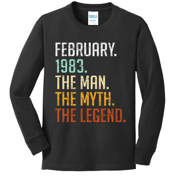 40th Birthday Gifts Vintage February 1983 Man Myth Legend Kids Long Sleeve Shirt