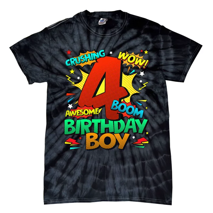 4th Birthday Kids Comic Style Kids 4 Year Old Gifts Tie-Dye T-Shirt