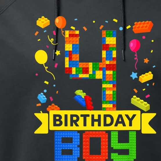 4th Birthday Master Builder 4 Years Old Block Building Boy Performance Fleece Hoodie