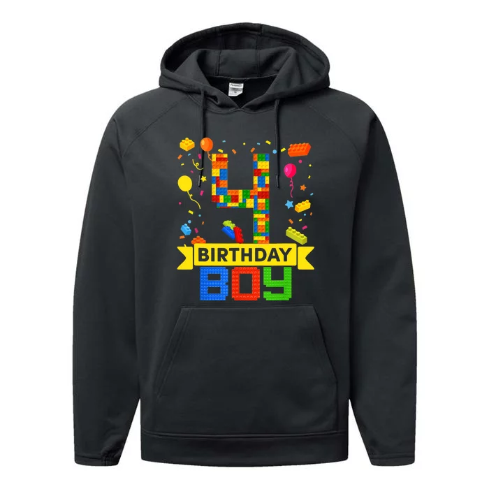 4th Birthday Master Builder 4 Years Old Block Building Boy Performance Fleece Hoodie