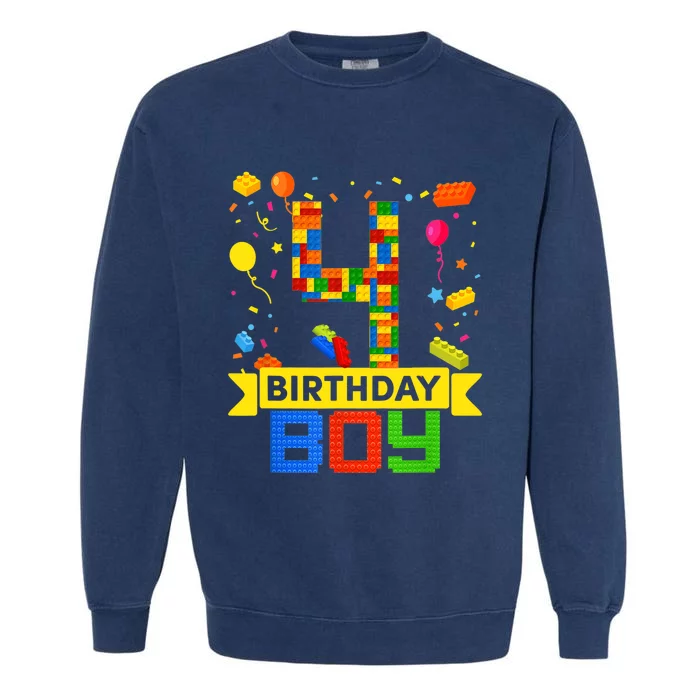 4th Birthday Master Builder 4 Years Old Block Building Boy Garment-Dyed Sweatshirt