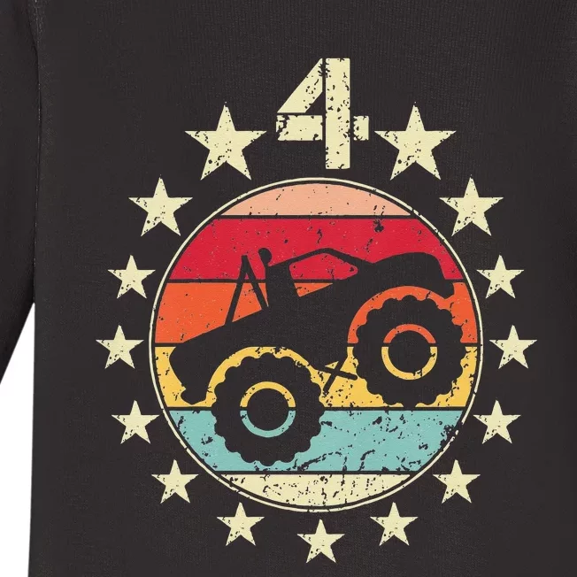 4th Birthday Monster Truck 4 Year Old Birthday Baby Long Sleeve Bodysuit