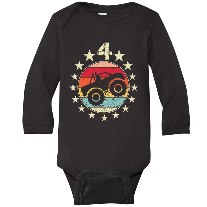 4th Birthday Monster Truck 4 Year Old Birthday Baby Long Sleeve Bodysuit