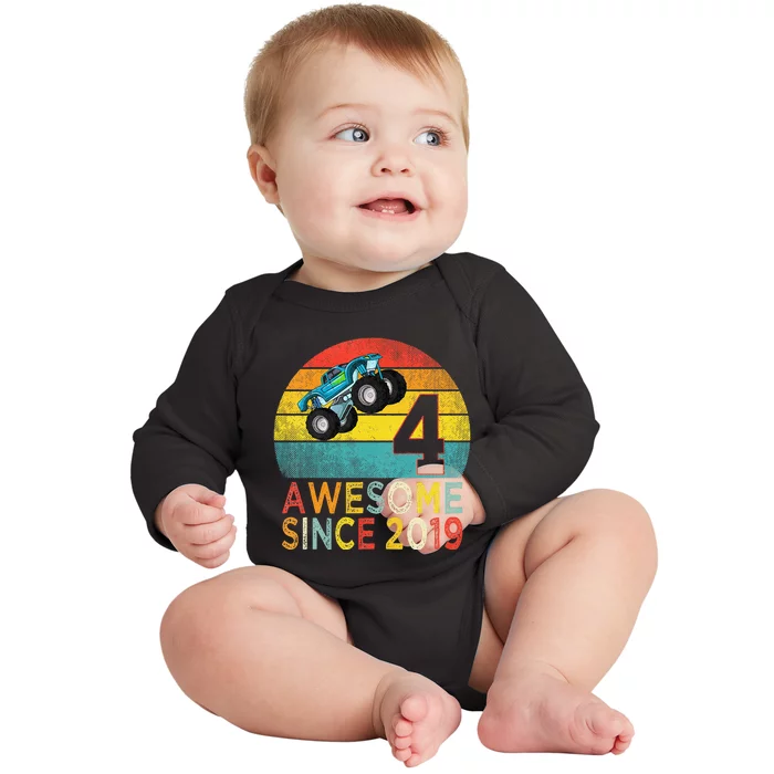 4th Birthday Monster Truck Lover 4 Years Old Vintage Retro Baby Long Sleeve Bodysuit