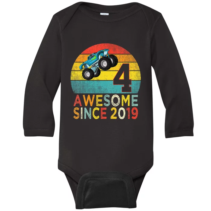 4th Birthday Monster Truck Lover 4 Years Old Vintage Retro Baby Long Sleeve Bodysuit