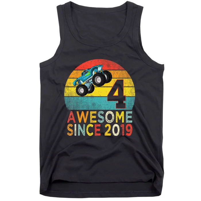 4th Birthday Monster Truck Lover 4 Years Old Vintage Retro Tank Top