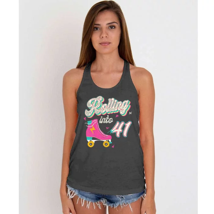 41st Birthday Roller Skates Rolling Into 41 Years Old Bday Women's Knotted Racerback Tank