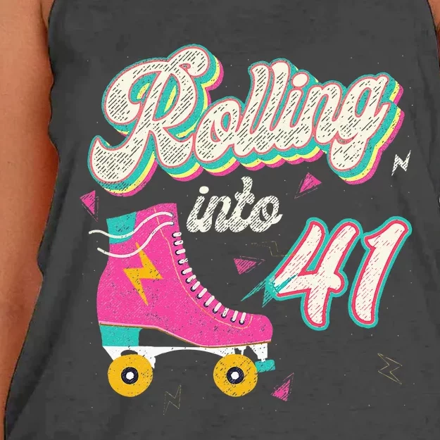 41st Birthday Roller Skates Rolling Into 41 Years Old Bday Women's Knotted Racerback Tank