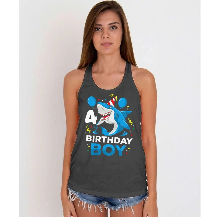 4th Birthday Shark Ocean Theme Party 4 Years Old Women's Knotted Racerback Tank