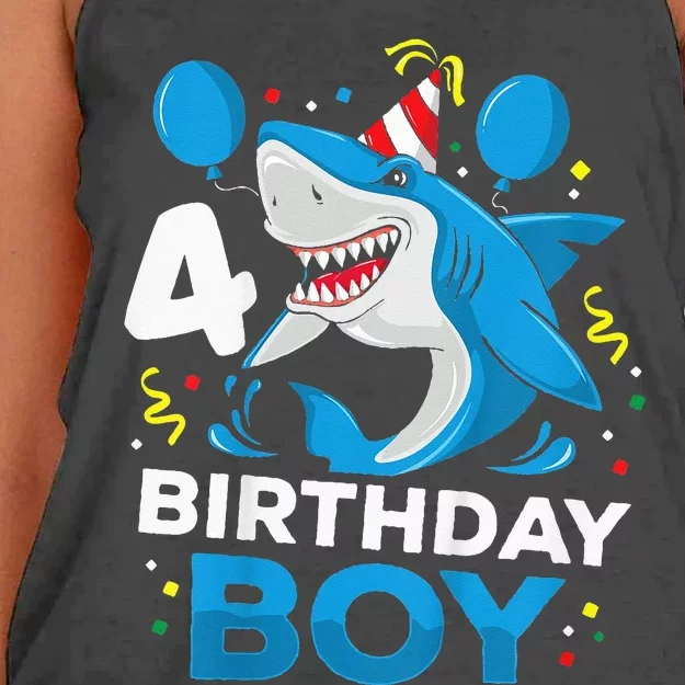 4th Birthday Shark Ocean Theme Party 4 Years Old Women's Knotted Racerback Tank