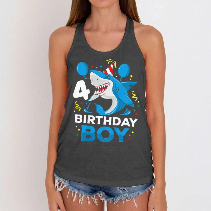 4th Birthday Shark Ocean Theme Party 4 Years Old Women's Knotted Racerback Tank