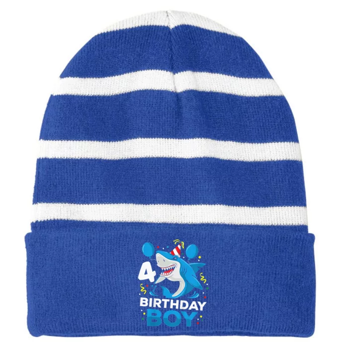 4th Birthday Shark Ocean Theme Party 4 Years Old Striped Beanie with Solid Band