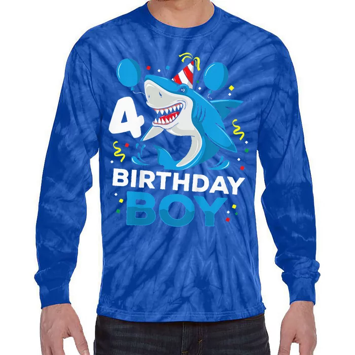 4th Birthday Shark Ocean Theme Party 4 Years Old Tie-Dye Long Sleeve Shirt