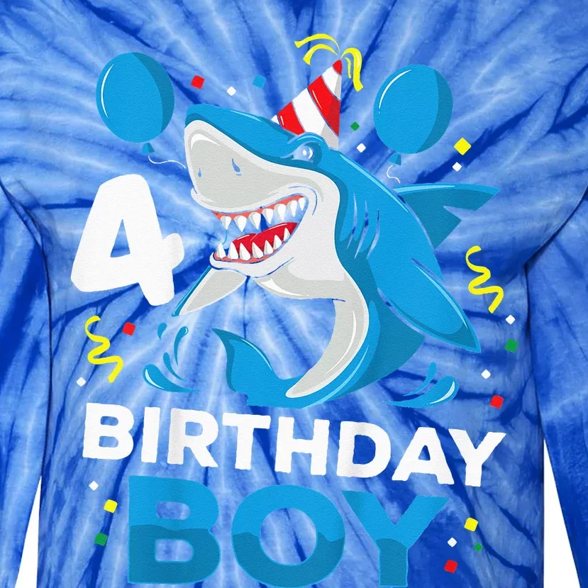 4th Birthday Shark Ocean Theme Party 4 Years Old Tie-Dye Long Sleeve Shirt