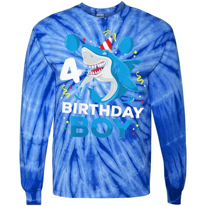 4th Birthday Shark Ocean Theme Party 4 Years Old Tie-Dye Long Sleeve Shirt