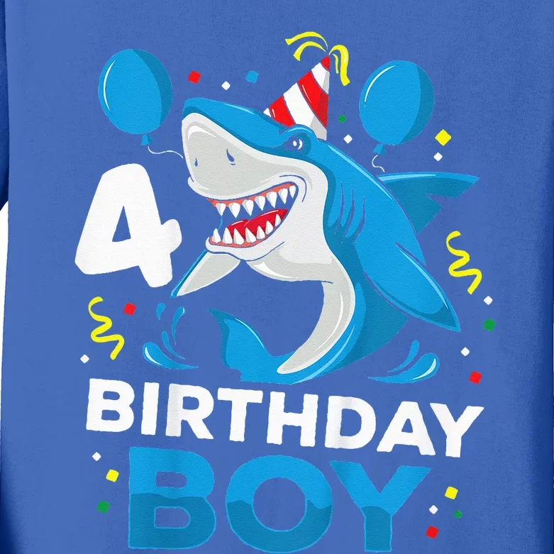 4th Birthday Shark Ocean Theme Party 4 Years Old Kids Long Sleeve Shirt