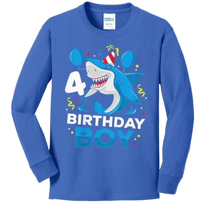 4th Birthday Shark Ocean Theme Party 4 Years Old Kids Long Sleeve Shirt