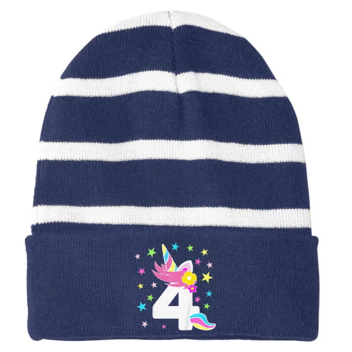 4rd Birthday Unicorn Number 4 Year Old BDay Striped Beanie with Solid Band