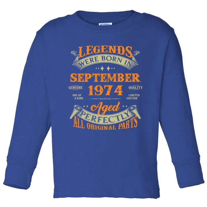 49th Birthday Vintage Legends Born In September 1974 Funny Gift Toddler Long Sleeve Shirt