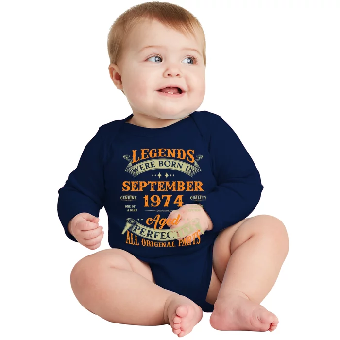 49th Birthday Vintage Legends Born In September 1974 Funny Gift Baby Long Sleeve Bodysuit