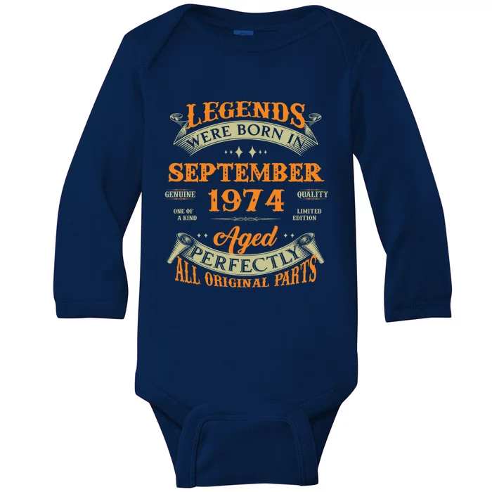 49th Birthday Vintage Legends Born In September 1974 Funny Gift Baby Long Sleeve Bodysuit