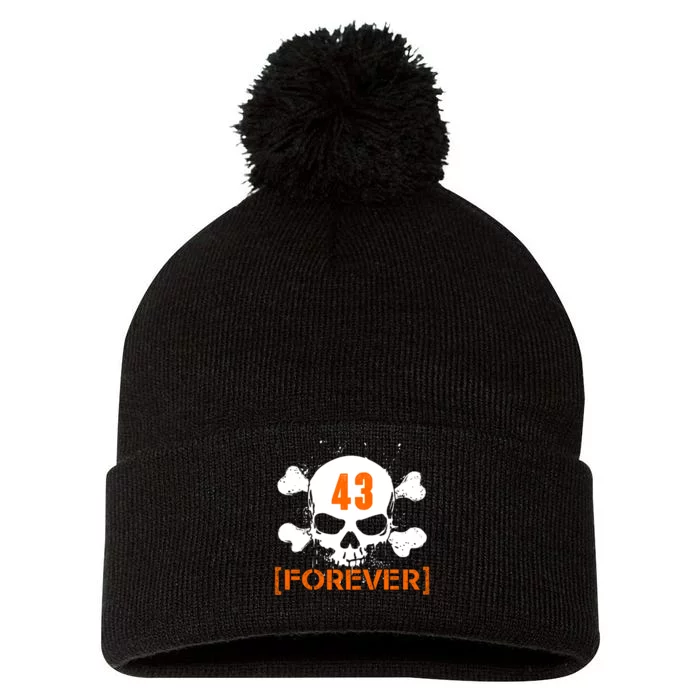 43 Forever Skull Crossbones Racing Legend Tribute Pom Pom 12in Knit Beanie