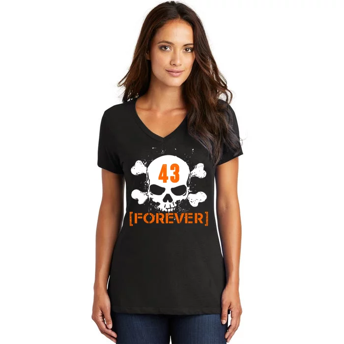 43 Forever Skull Crossbones Racing Legend Tribute Women's V-Neck T-Shirt