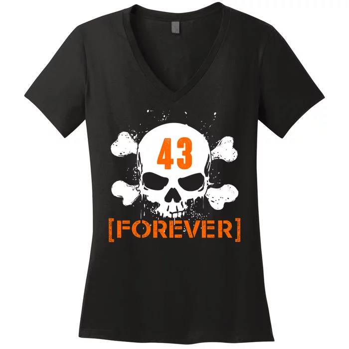 43 Forever Skull Crossbones Racing Legend Tribute Women's V-Neck T-Shirt